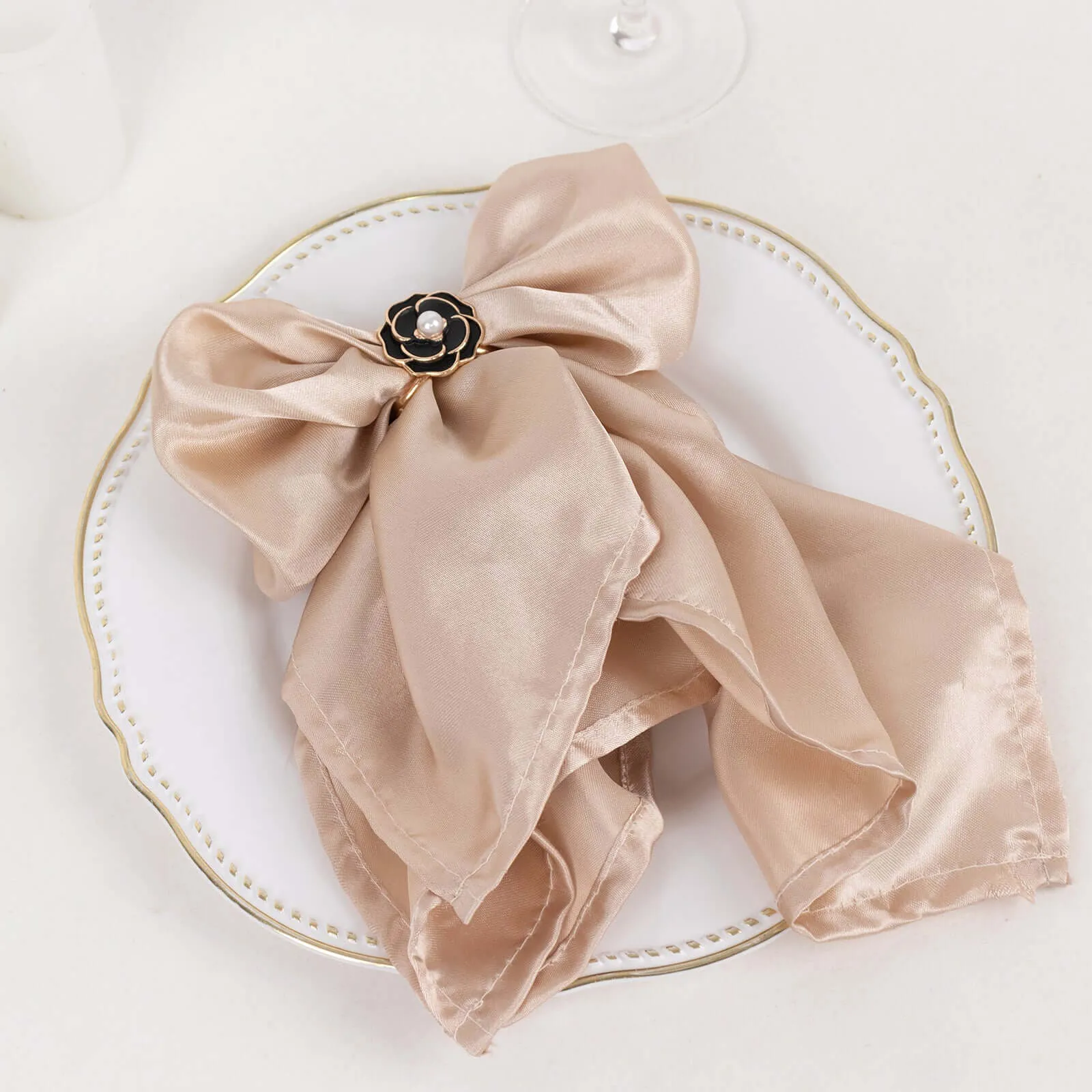 10 Pack Metal Chair Sash Pin Buckles Black 3D Rose Shaped - Stylish Pearl Floral Napkin Rings with Gold Rim