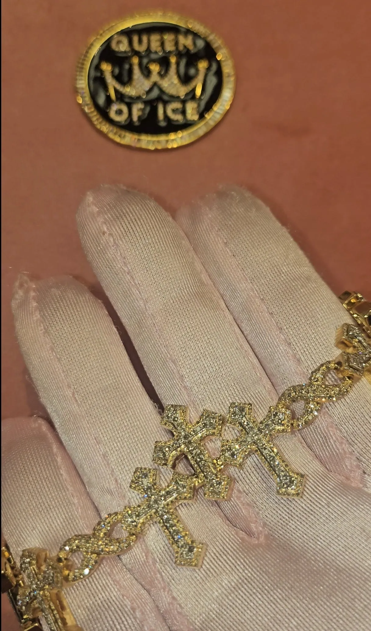 10k Gold 6.65CT Natural Diamonds Iced Out Trio Crosses 7.5" Men's 29mm Bracelet - SBR31482