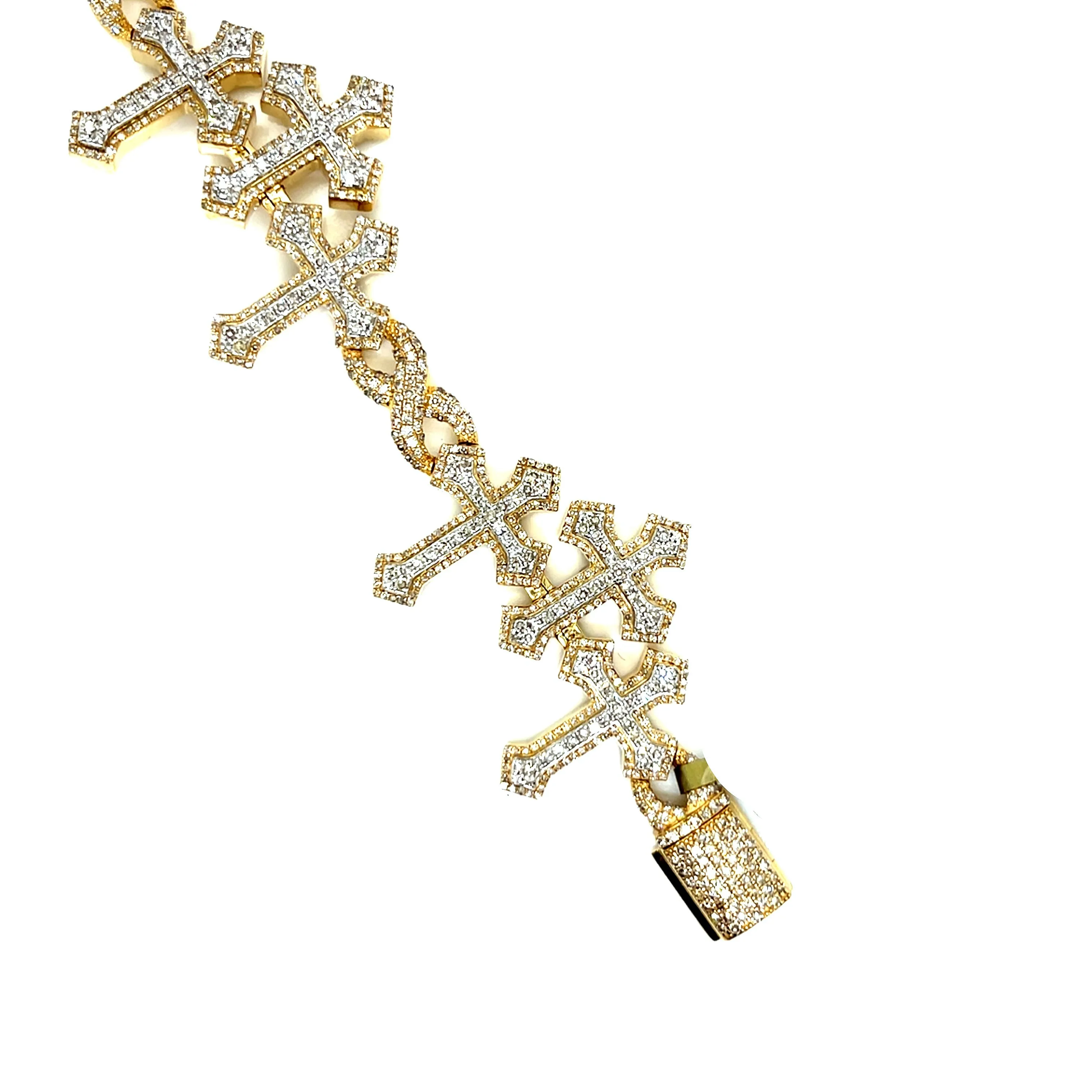 10k Gold 6.65CT Natural Diamonds Iced Out Trio Crosses 7.5" Men's 29mm Bracelet - SBR31482