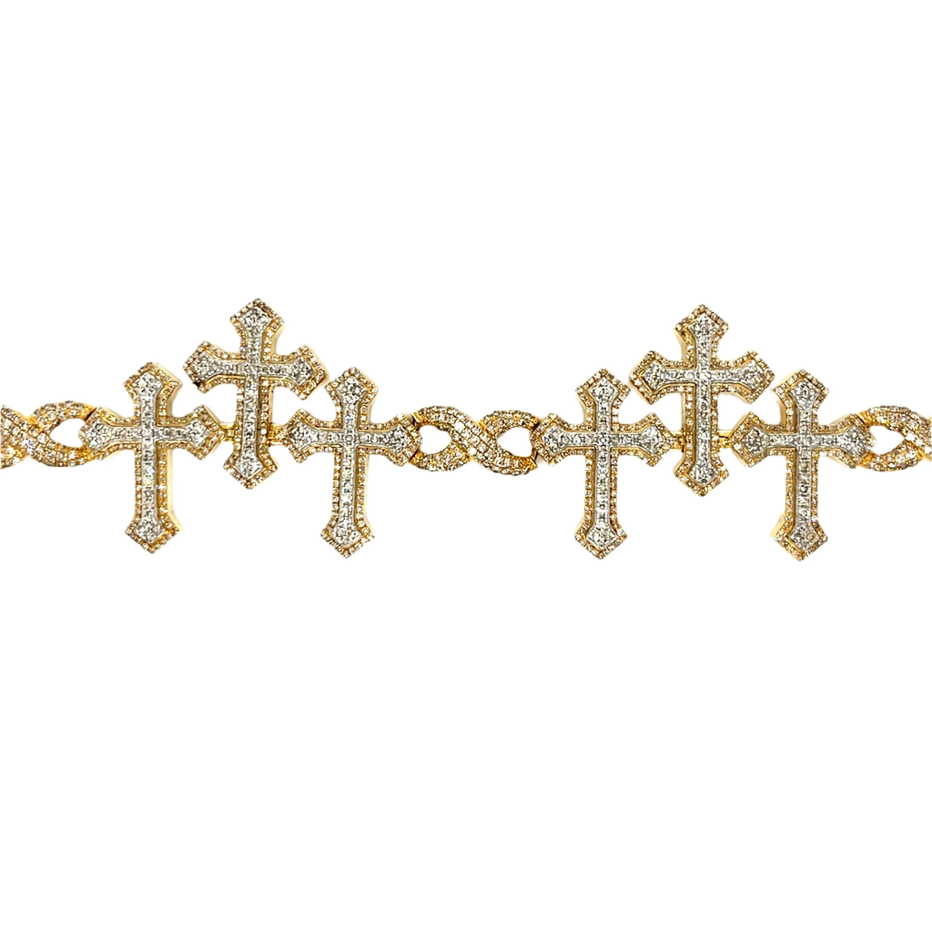10k Gold 6.65CT Natural Diamonds Iced Out Trio Crosses 7.5" Men's 29mm Bracelet - SBR31482