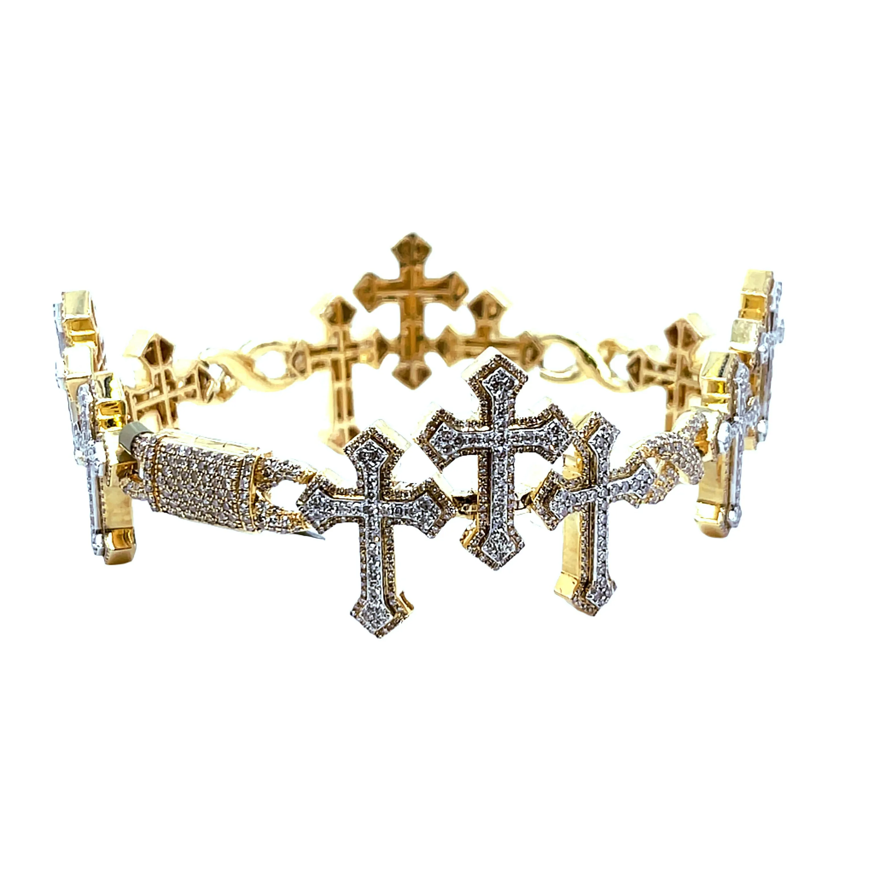 10k Gold 6.65CT Natural Diamonds Iced Out Trio Crosses 7.5" Men's 29mm Bracelet - SBR31482