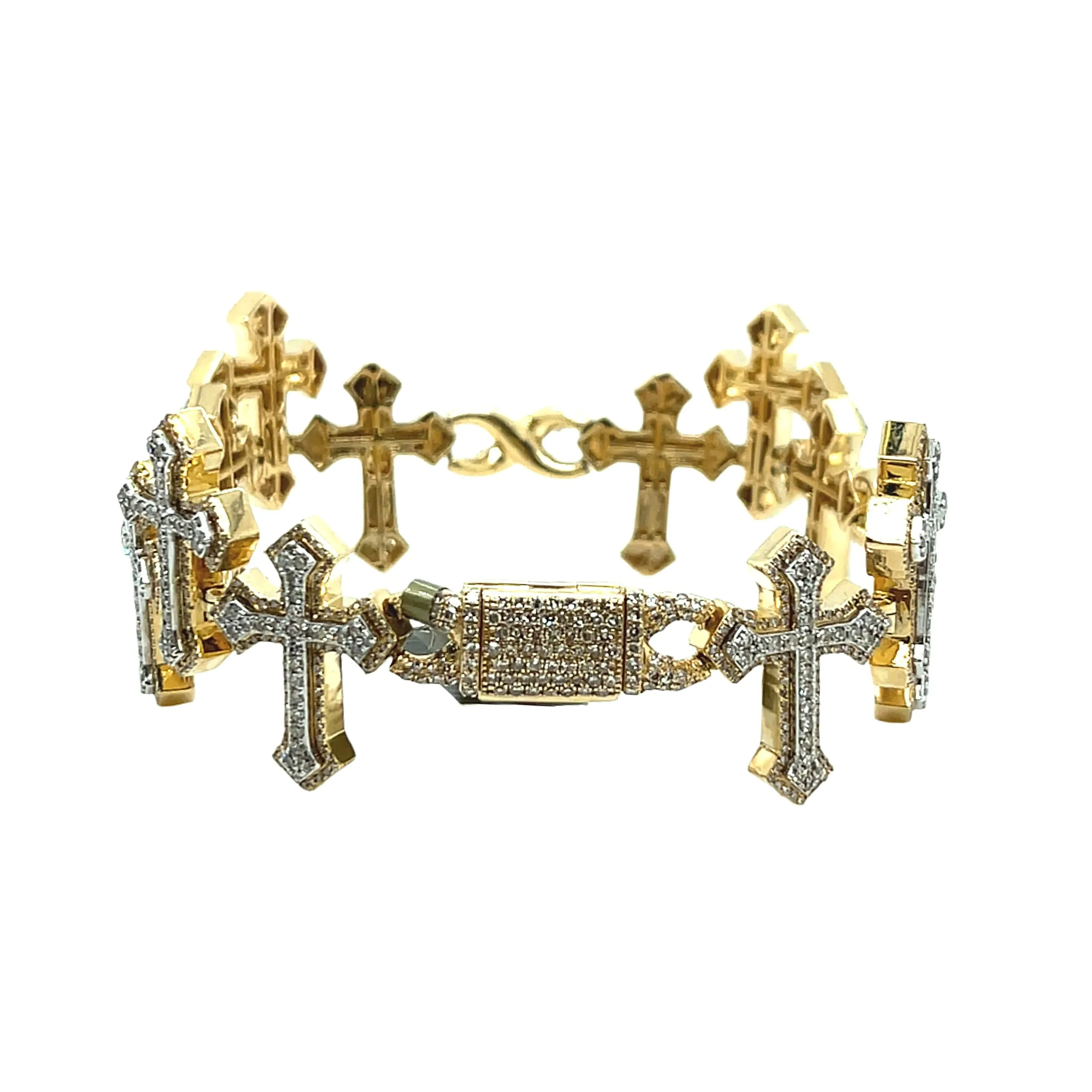 10k Gold 6.65CT Natural Diamonds Iced Out Trio Crosses 7.5" Men's 29mm Bracelet - SBR31482