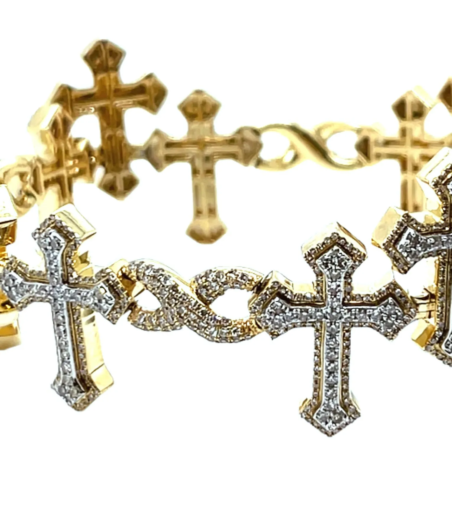 10k Gold 6.65CT Natural Diamonds Iced Out Trio Crosses 7.5" Men's 29mm Bracelet - SBR31482