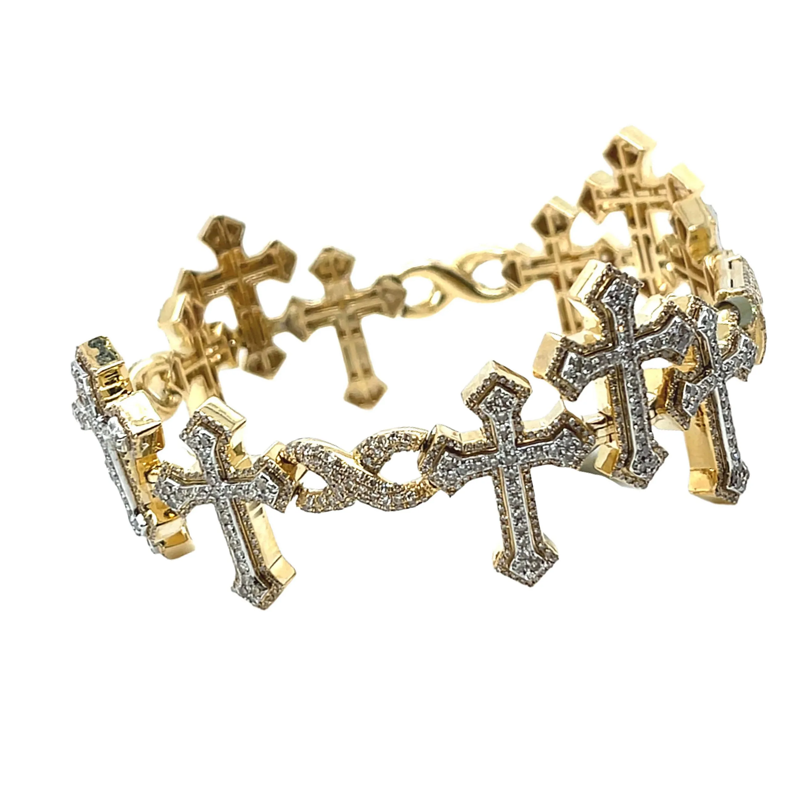 10k Gold 6.65CT Natural Diamonds Iced Out Trio Crosses 7.5" Men's 29mm Bracelet - SBR31482