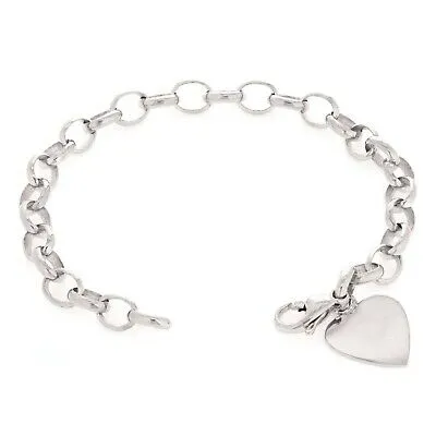 10k White Gold Rolo Link Chain Heart Charm Bracelet 8.5" 17 grams