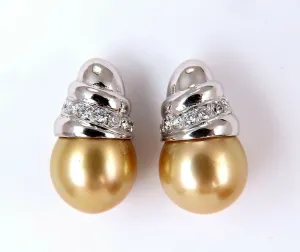 11.9mm Golden Yellow South Seas Pearls .50ct Diamonds Stud Earrings 14kt Gold
