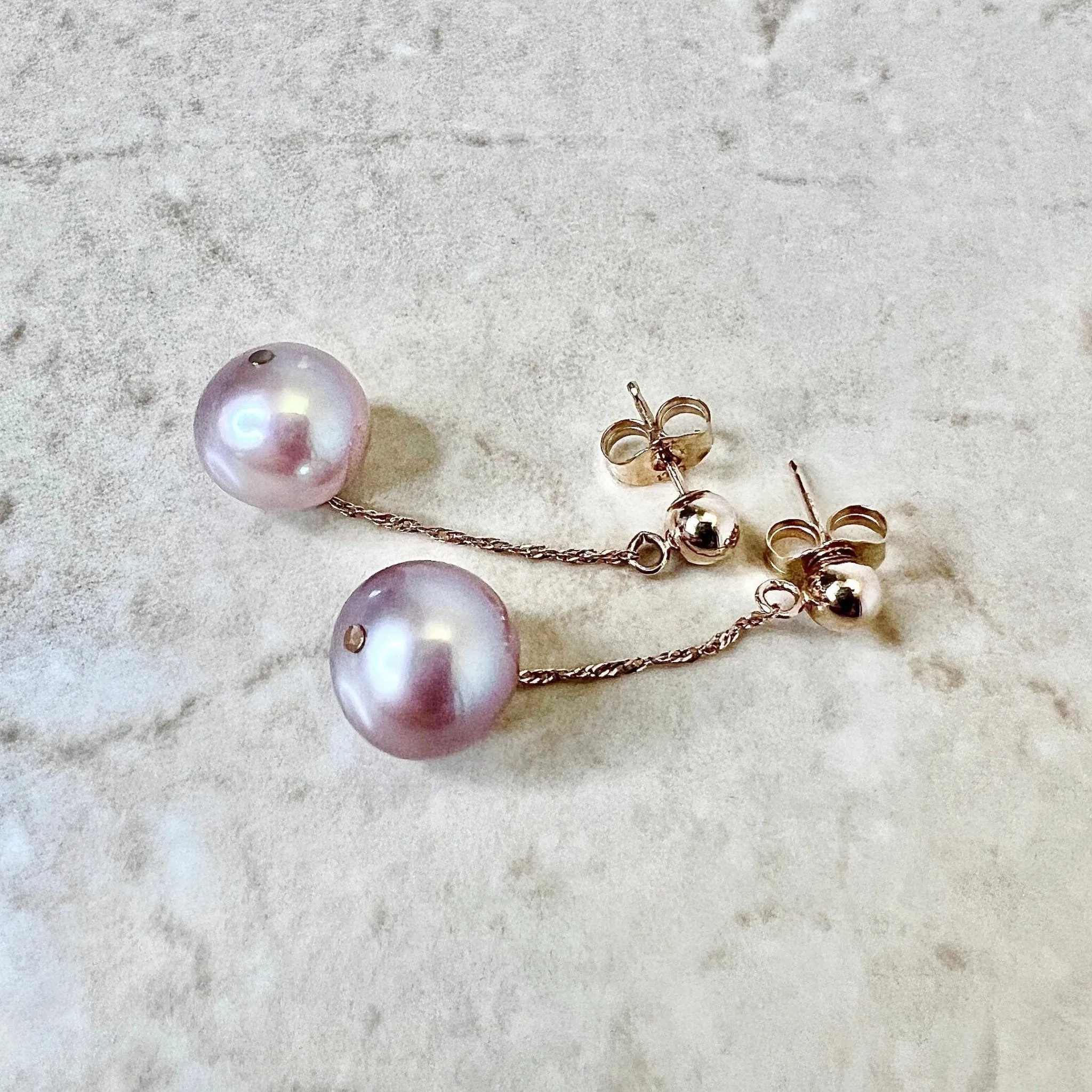 14 Karat Rose Gold Pink Pearl Drop Earrings
