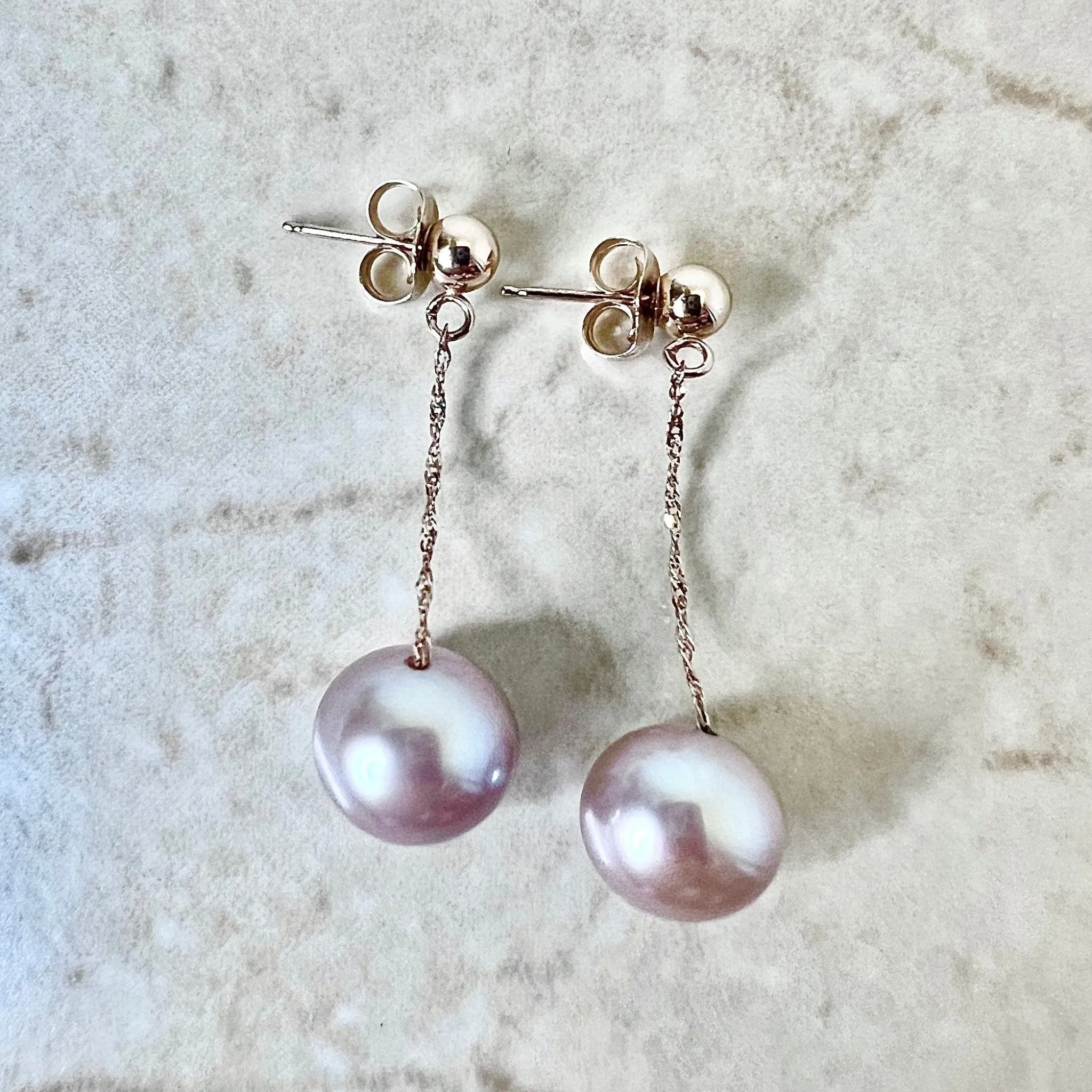 14 Karat Rose Gold Pink Pearl Drop Earrings