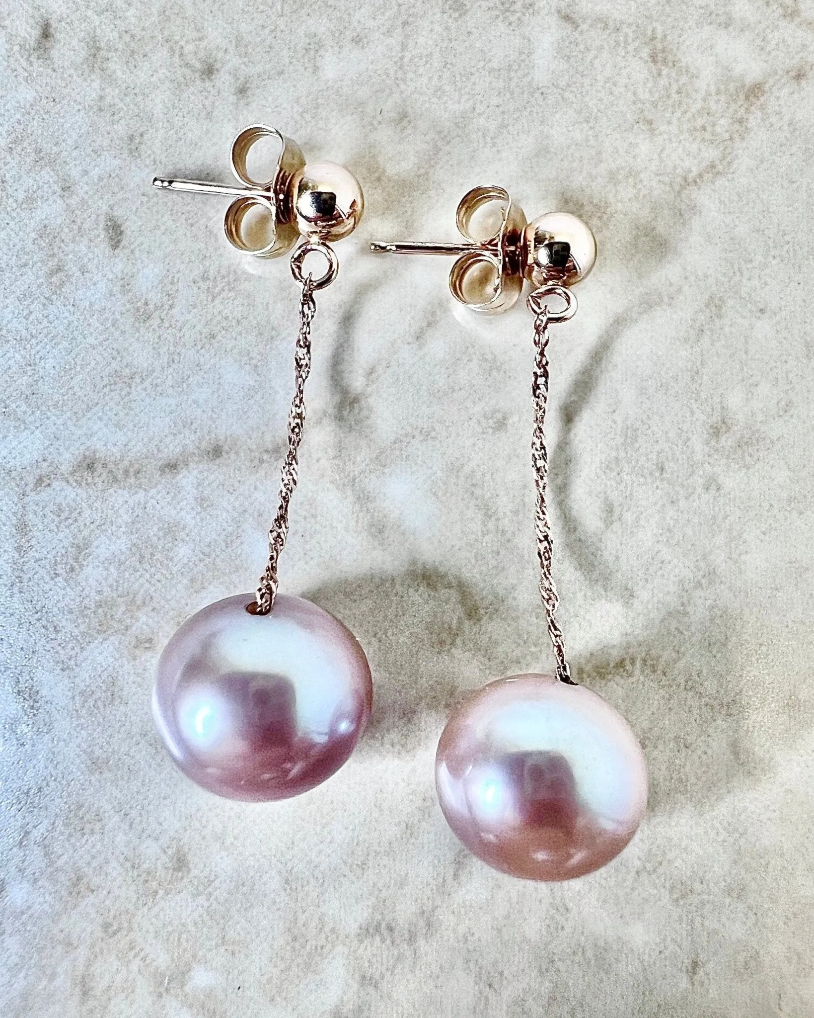 14 Karat Rose Gold Pink Pearl Drop Earrings