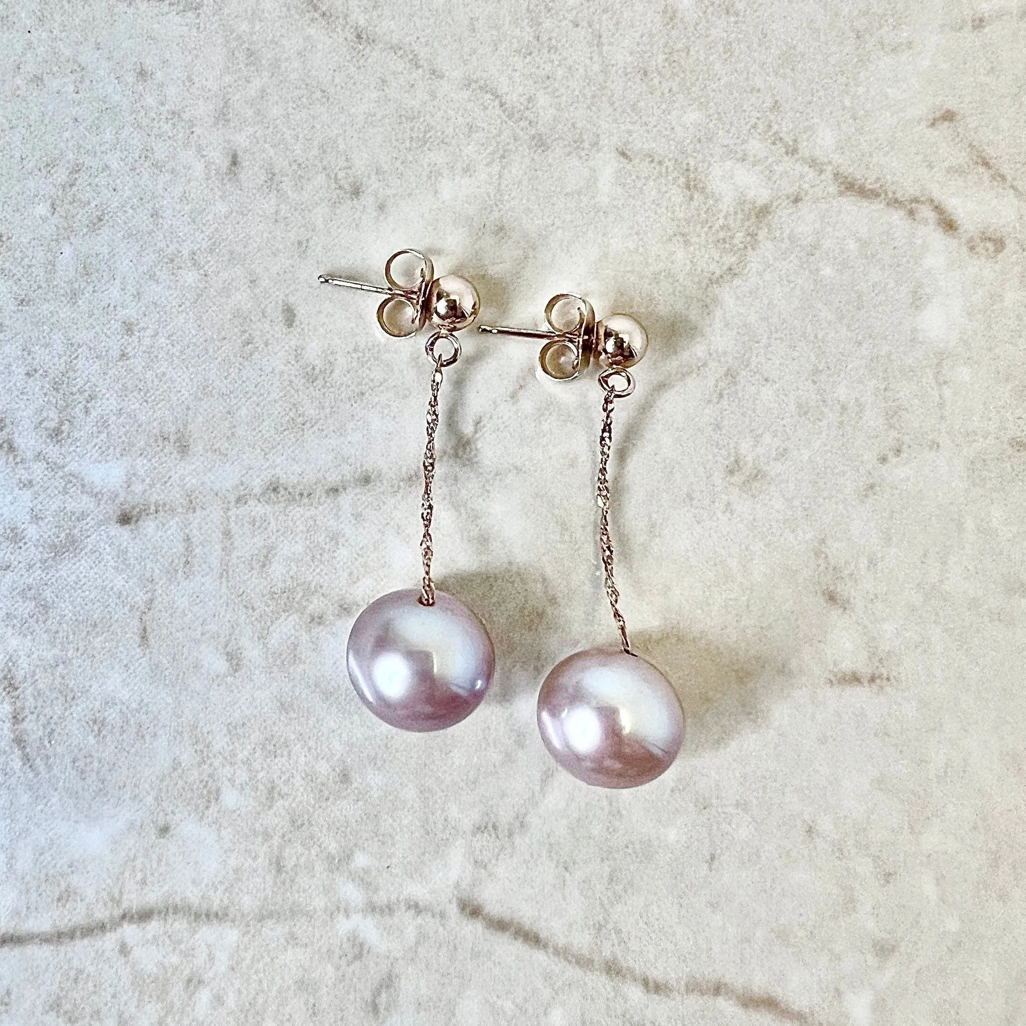 14 Karat Rose Gold Pink Pearl Drop Earrings