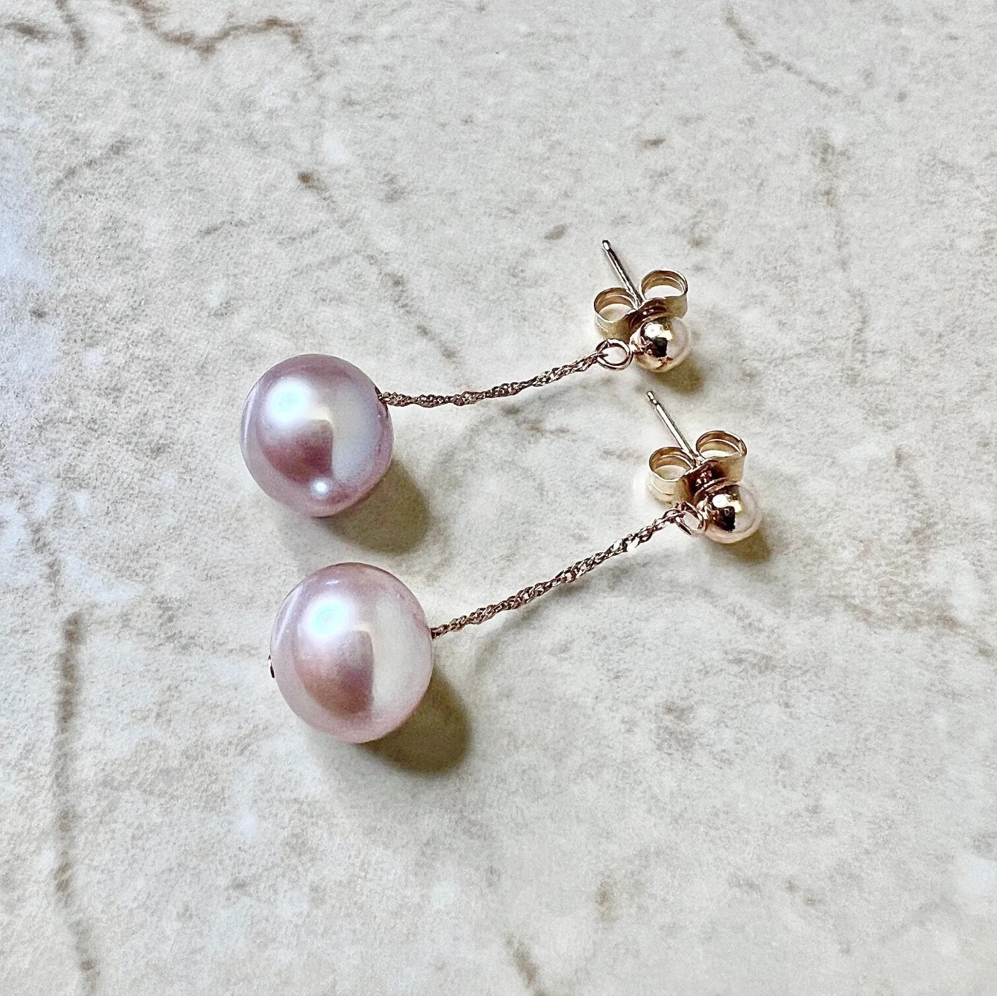 14 Karat Rose Gold Pink Pearl Drop Earrings