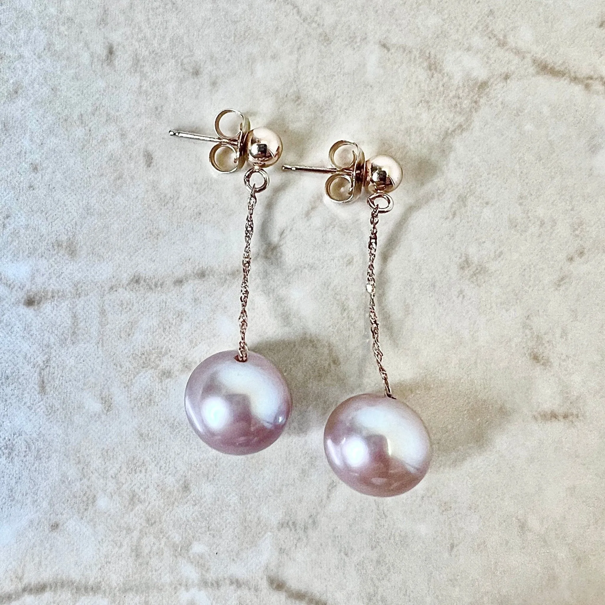 14 Karat Rose Gold Pink Pearl Drop Earrings