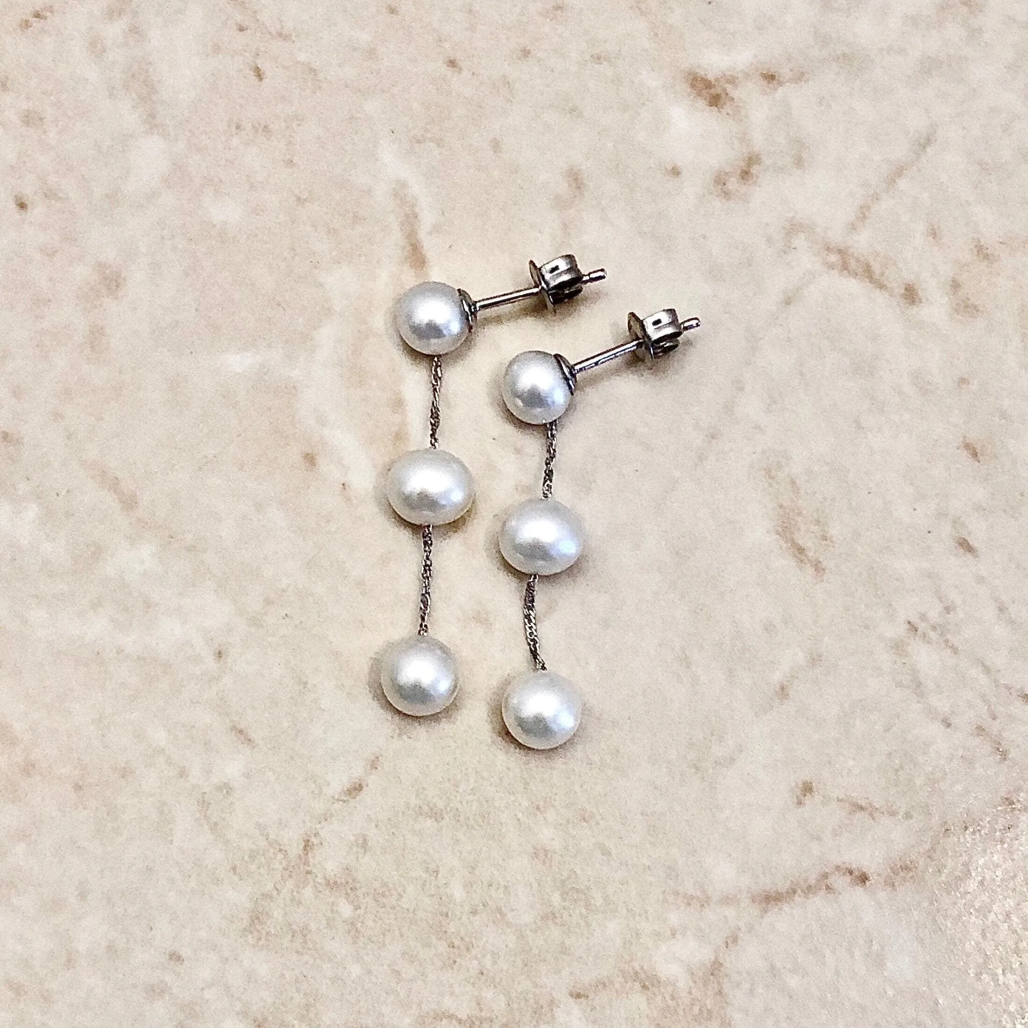 14K Karat White Gold White Pearl Tin-Cup-Pearl Drop Earrings
