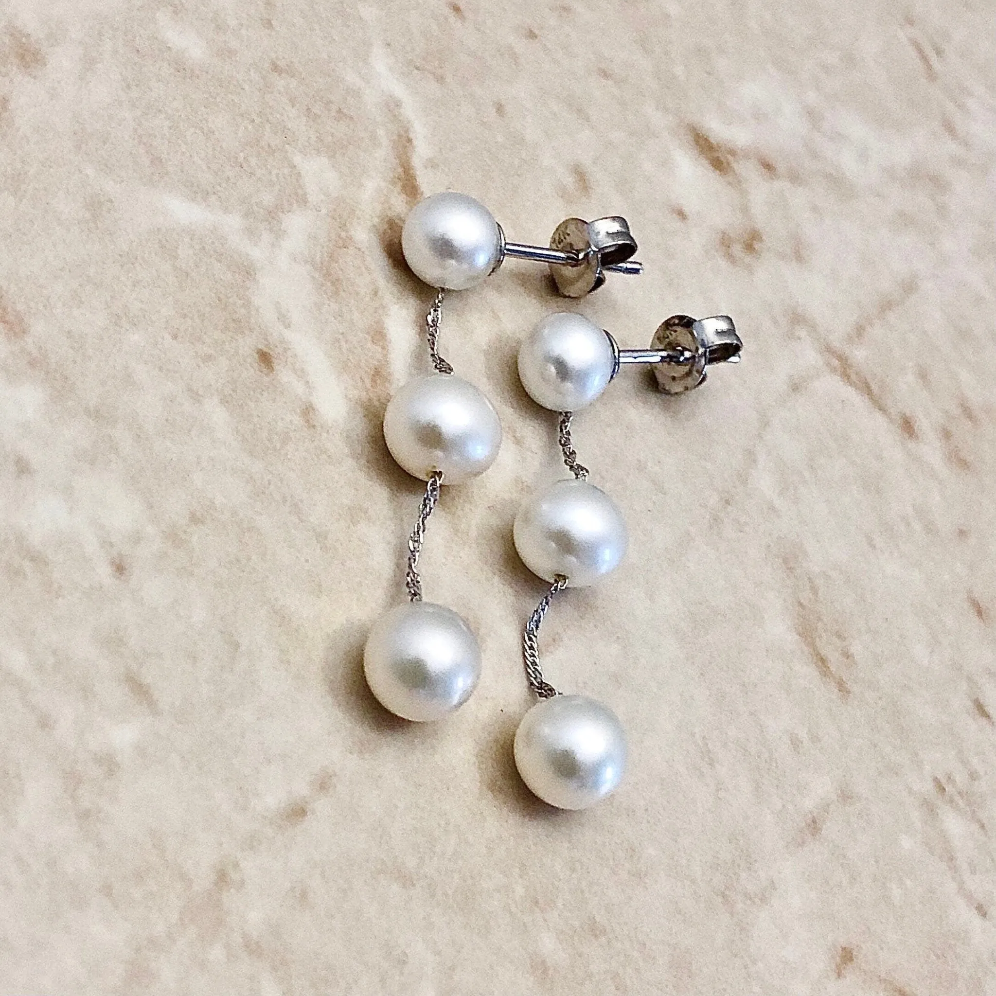 14K Karat White Gold White Pearl Tin-Cup-Pearl Drop Earrings