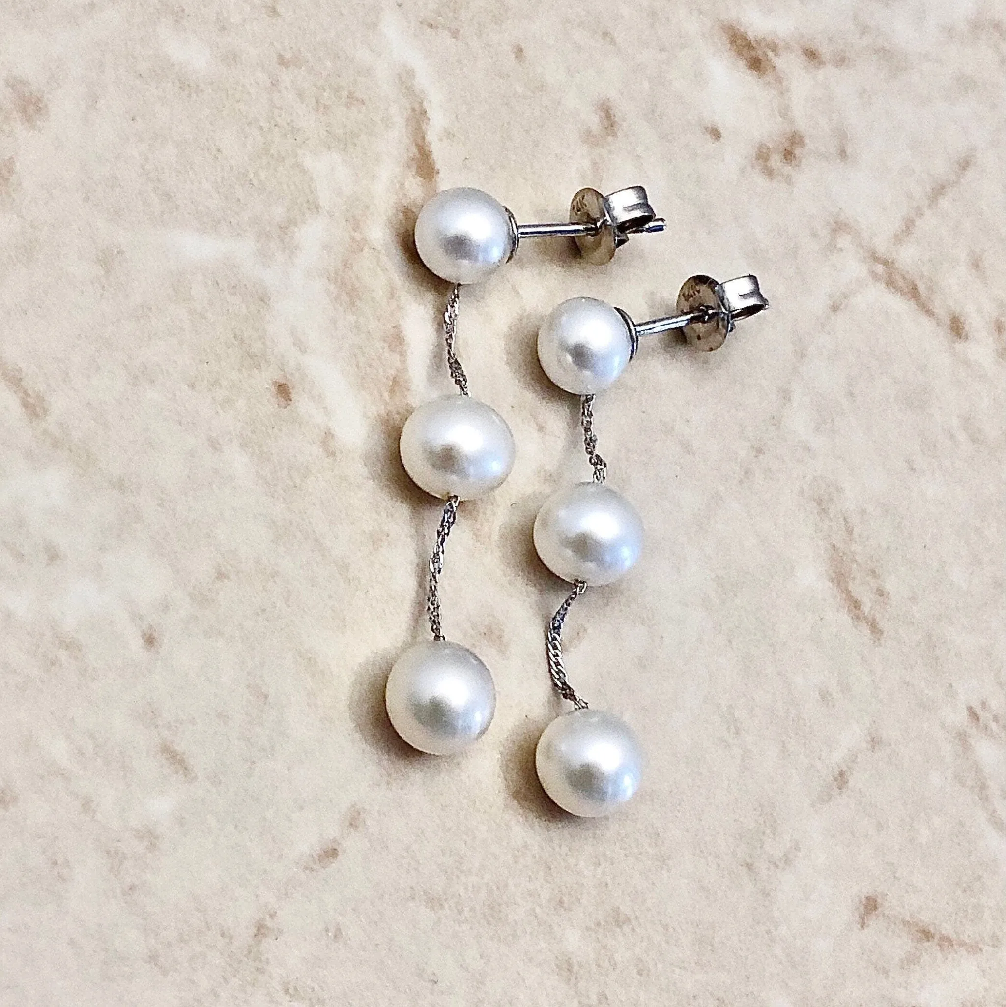 14K Karat White Gold White Pearl Tin-Cup-Pearl Drop Earrings