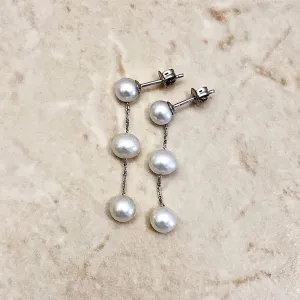 14K Karat White Gold White Pearl Tin-Cup-Pearl Drop Earrings