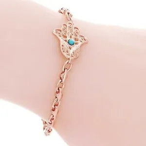 14k Rose Gold Hamsa Hand of Fatima Charm Bracelet with Turquoise 7" 9.7 grams