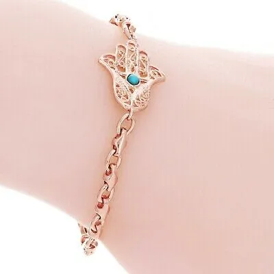 14k Rose Gold Hamsa Hand of Fatima Charm Bracelet with Turquoise 7" 9.7 grams