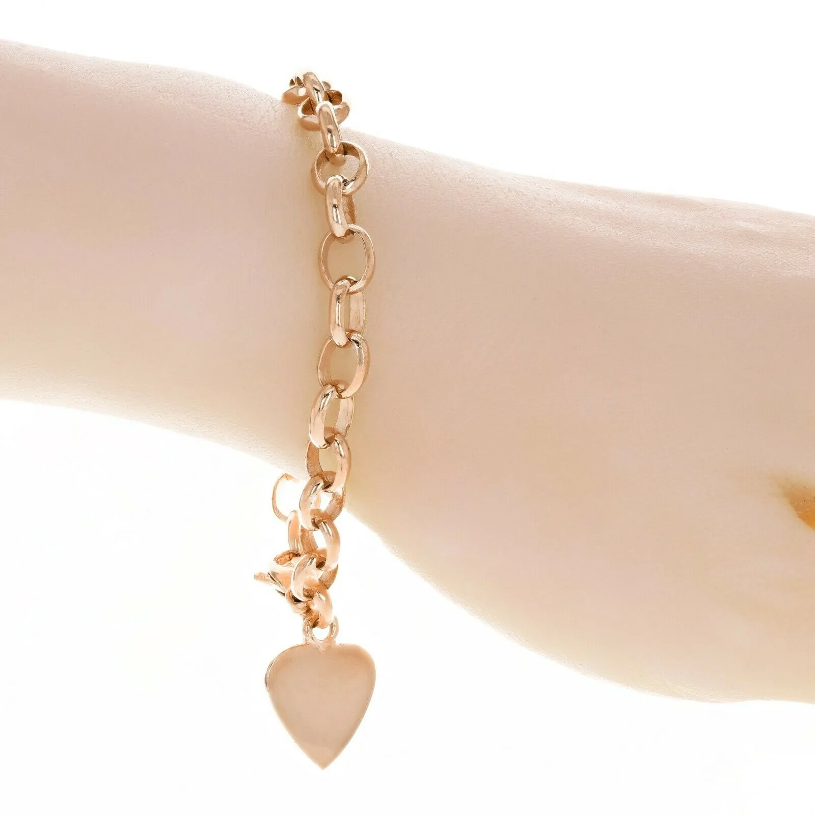 14k Rose Gold Oval Rolo Chain with Heart Charm Bracelet 7" 16.8 grams
