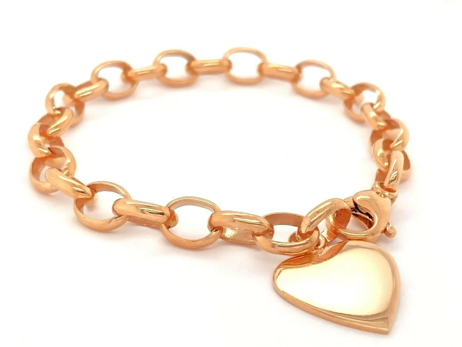 14k Rose Gold Oval Rolo Chain with Heart Charm Bracelet 7" 16.8 grams