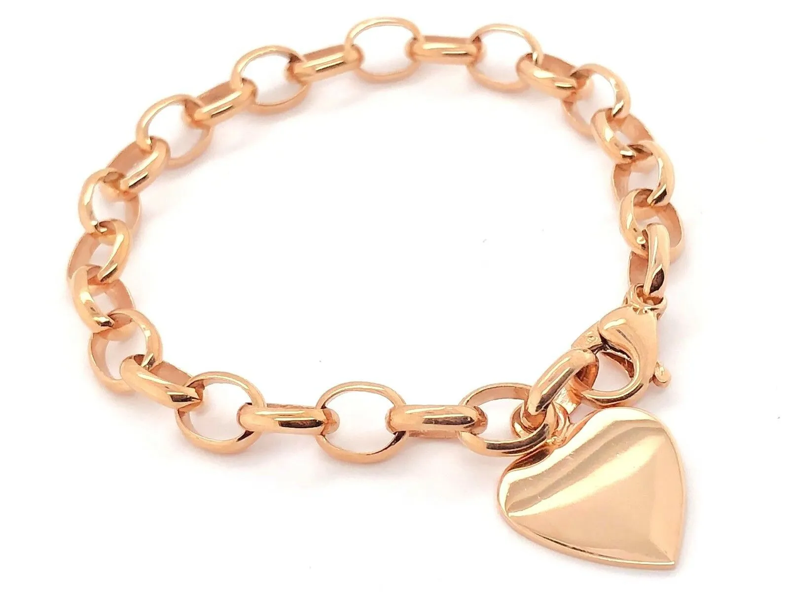 14k Rose Gold Oval Rolo Chain with Heart Charm Bracelet 7" 16.8 grams