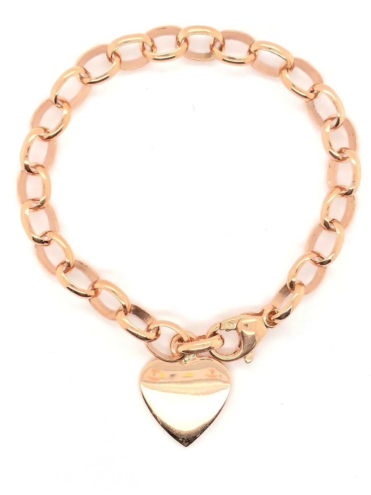 14k Rose Gold Oval Rolo Chain with Heart Charm Bracelet 7" 16.8 grams