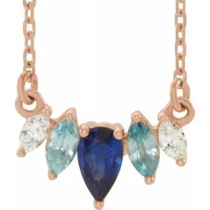 14K Rose Multi-Gemstone & .07 CTW Diamond Curved Bar 16" Necklace