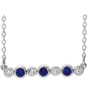 14K White Chatham® Created Blue Sapphire & .08 CTW Diamond Bezel-Set Bar 16-18" Necklace