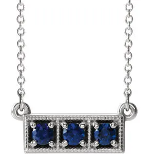 14K White Chatham® Created Blue Sapphire Three-Stone Granulated Bar 16-18" Necklace
