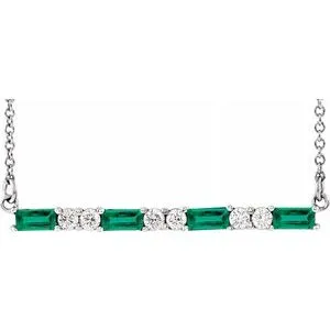 14K White Chatham® Created Emerald & 1/5 CTW Diamond Bar 16-18" Necklace