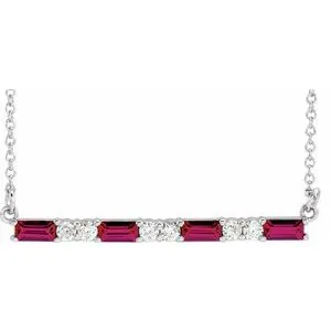 14K White Chatham® Created Ruby & 1/5 CTW Diamond Bar 16-18" Necklace