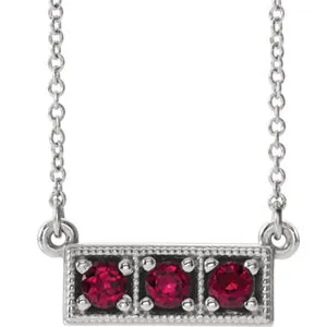 14K White Chatham® Created Ruby Three-Stone Granulated Bar 16-18" Necklace