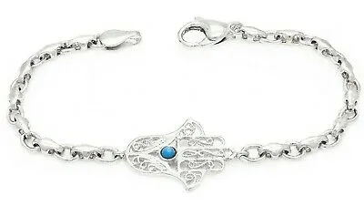 14k White Gold Hamsa Hand of Fatima Charm Bracelet with Turquoise 8.5" 11.5g