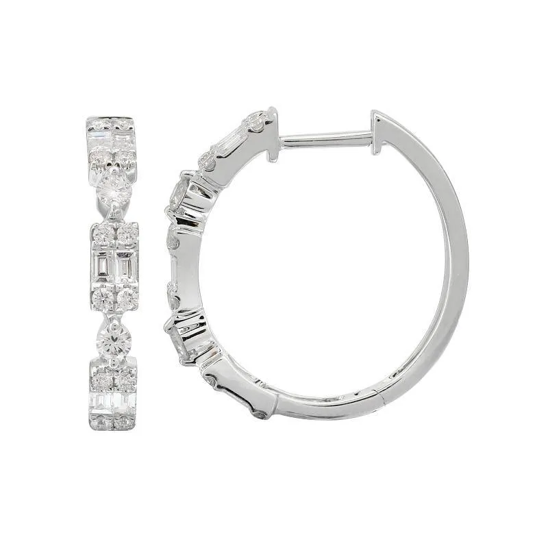 14K White Gold Round   Baguette Cluster Hoop Earrings