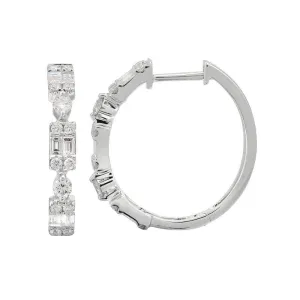 14K White Gold Round   Baguette Cluster Hoop Earrings