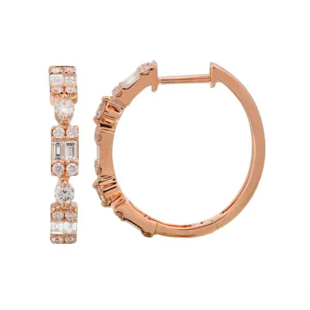 14K White Gold Round   Baguette Cluster Hoop Earrings