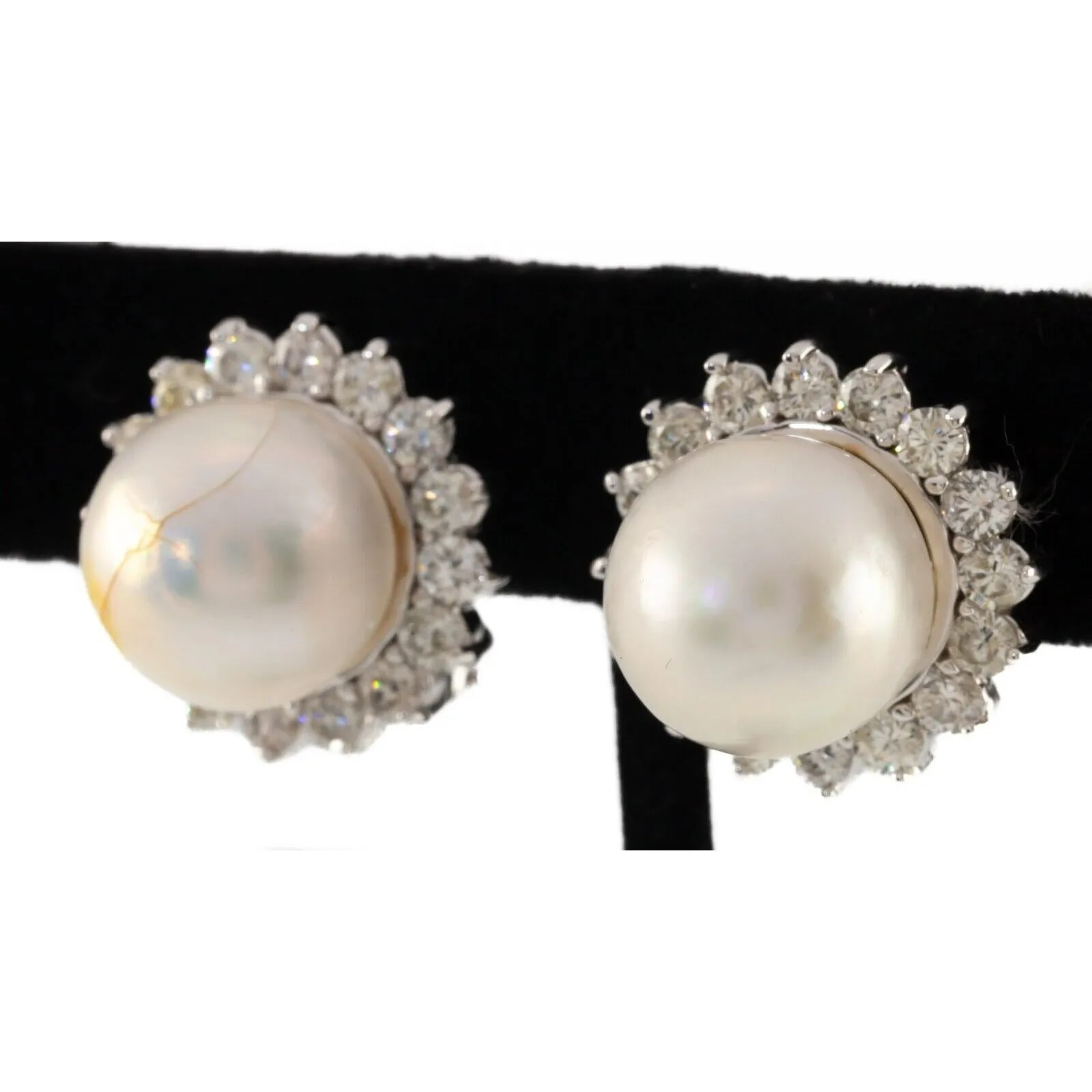 14k White Gold South Sea Cultured Pearl Earring Studs w/ Diamond Bezel & Cert