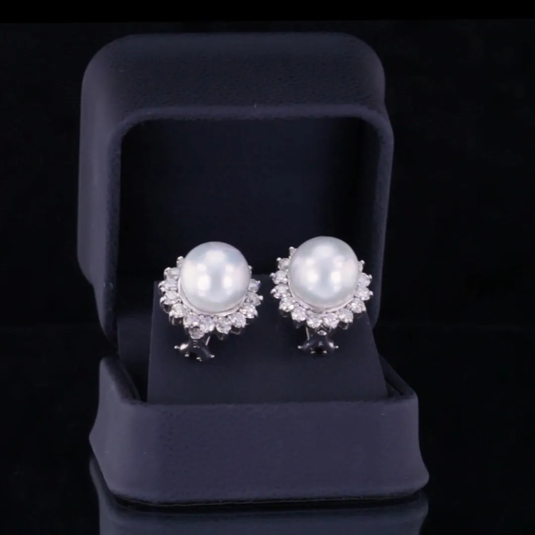14k White Gold South Sea Cultured Pearl Earring Studs w/ Diamond Bezel & Cert