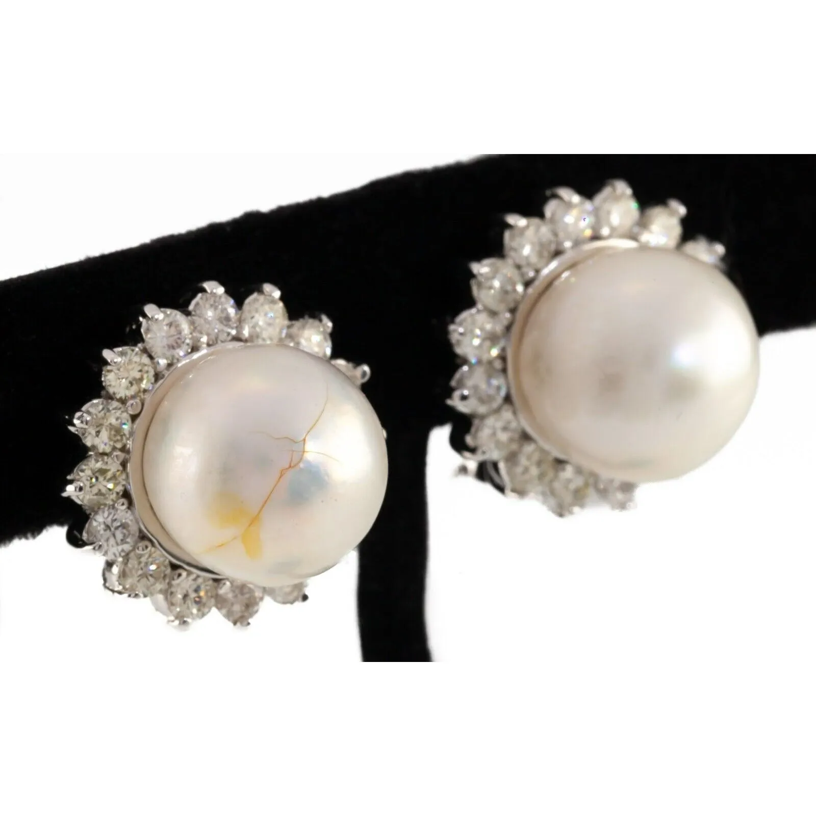 14k White Gold South Sea Cultured Pearl Earring Studs w/ Diamond Bezel & Cert
