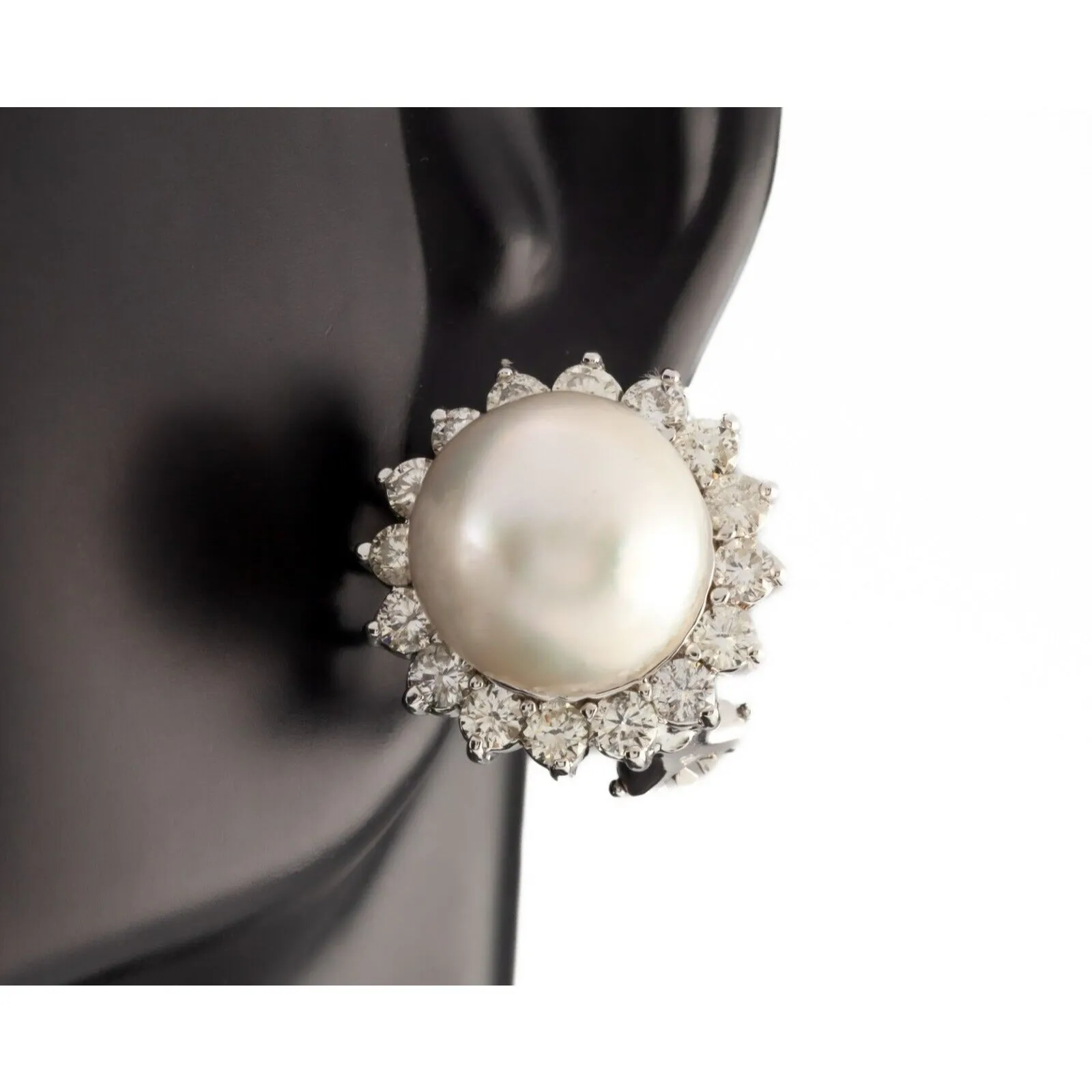 14k White Gold South Sea Cultured Pearl Earring Studs w/ Diamond Bezel & Cert