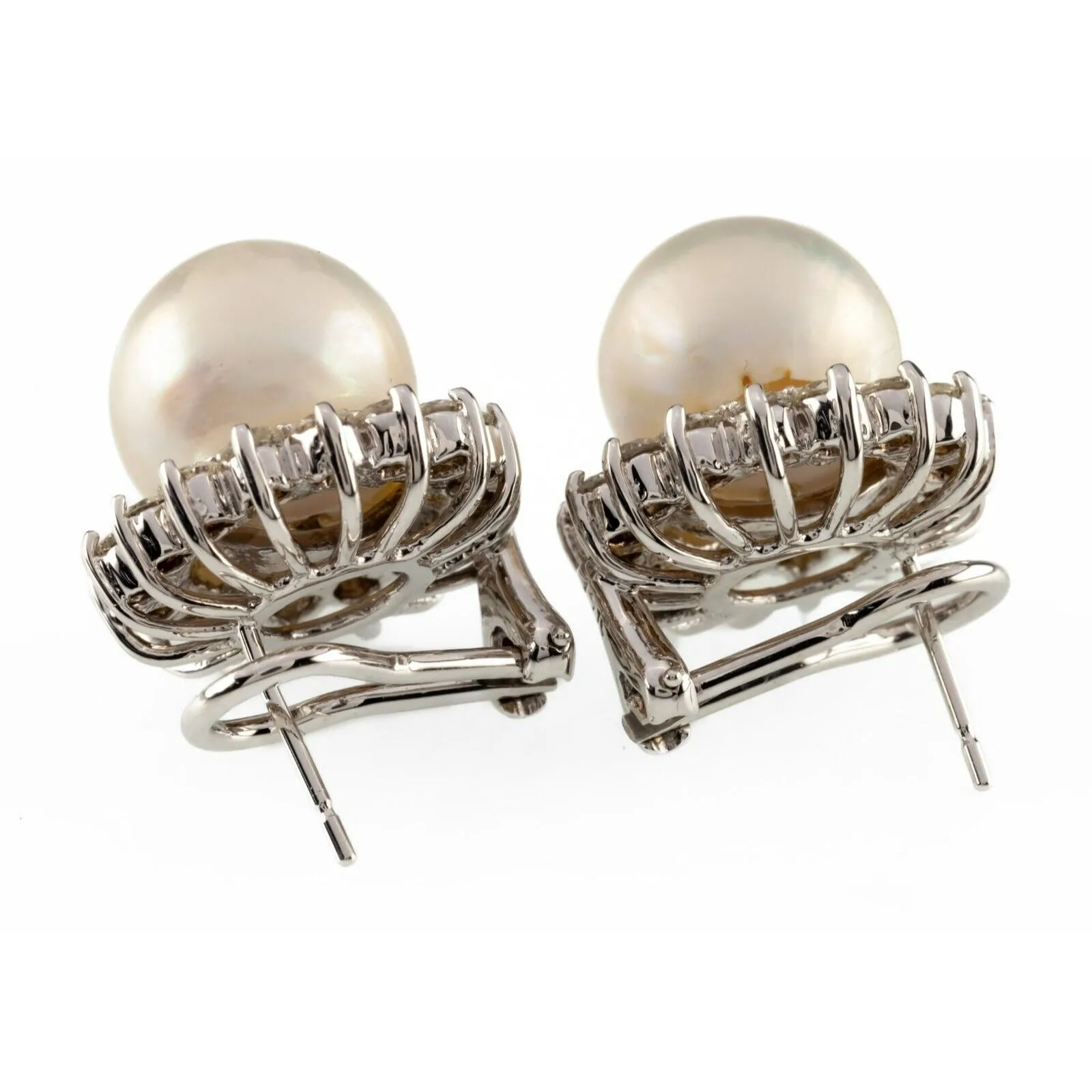 14k White Gold South Sea Cultured Pearl Earring Studs w/ Diamond Bezel & Cert