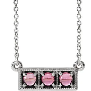 14K White Pink Tourmaline Three-Stone Granulated Bar 16-18" Necklace