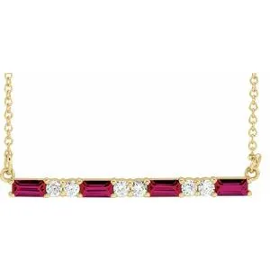 14K Yellow Chatham® Created Ruby & 1/5 CTW Diamond Bar 16-18" Necklace
