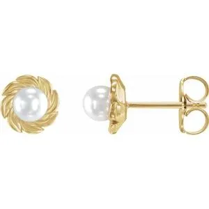 14K Yellow Cultured White Akoya Pearl Leaf Earrings