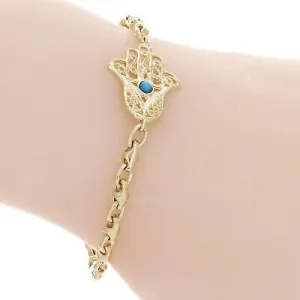 14k Yellow Gold Hamsa Hand of Fatima Charm Bracelet with Turquoise 8.5" 11.5g