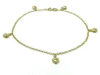 14k Yellow Gold Heart Charm Anklet Bracelet 10" 3.3 grams