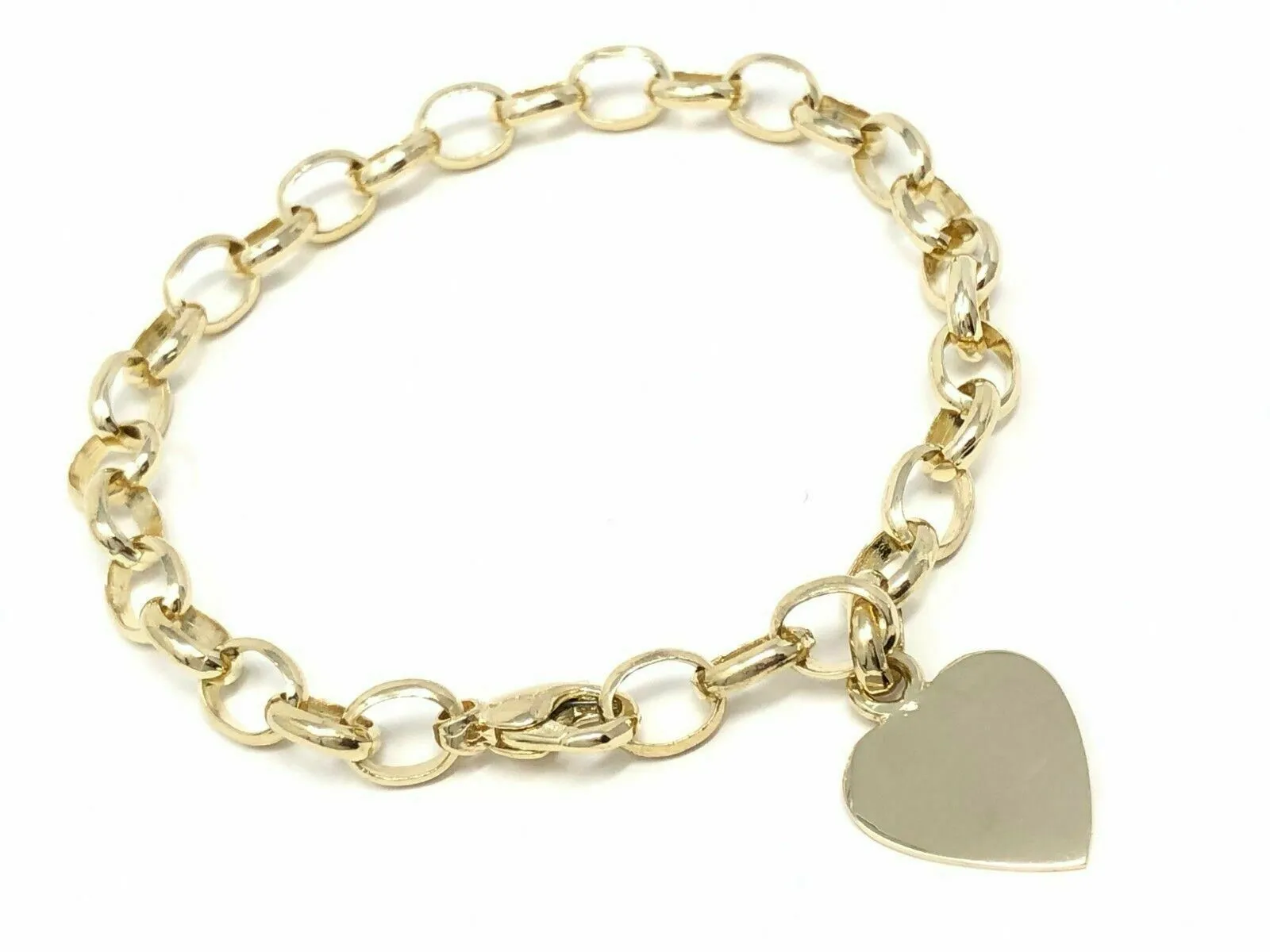 14k Yellow Gold Oval Link Heart Charm Bracelet 8.5" 19 grams