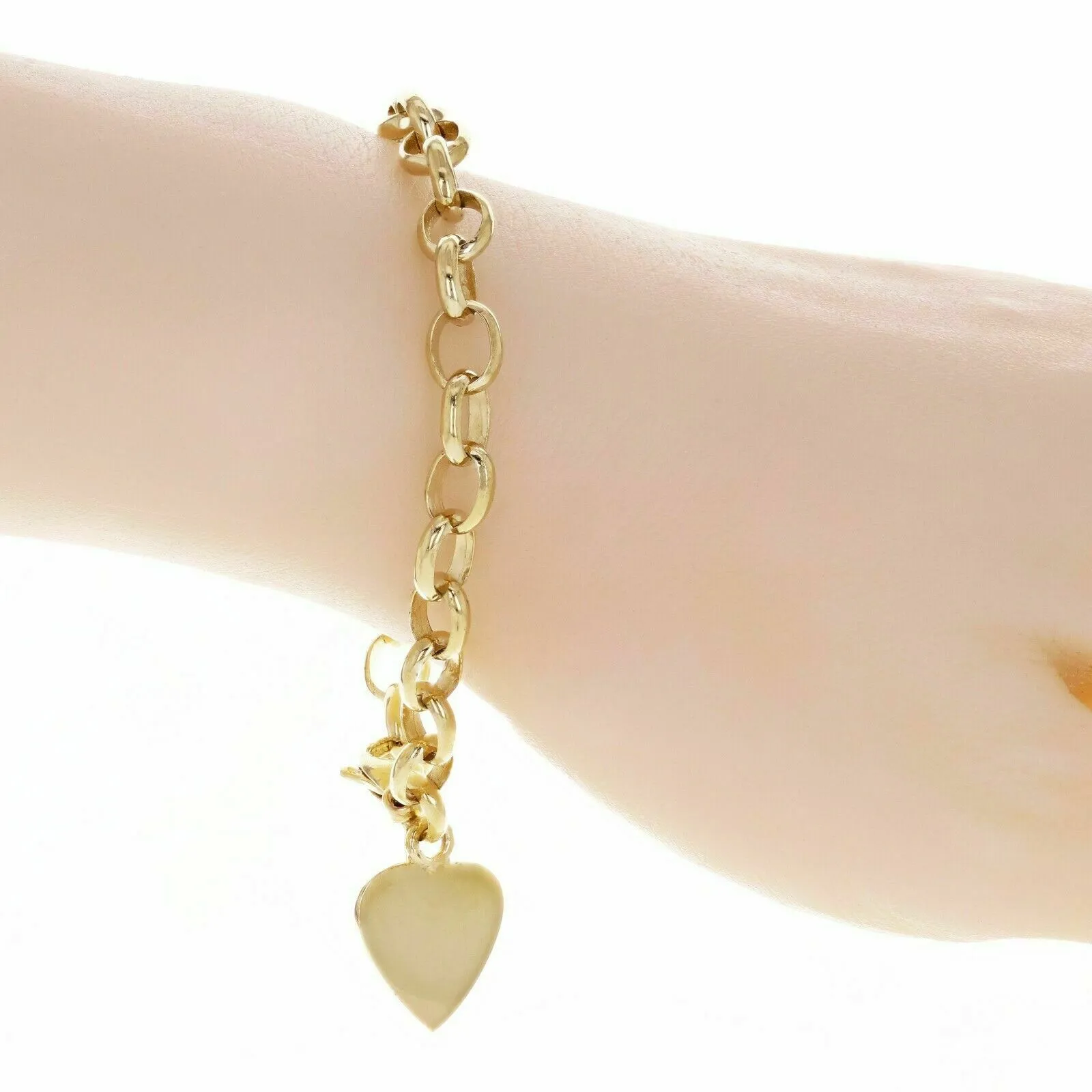 14k Yellow Gold Oval Link Heart Charm Bracelet 8.5" 19 grams
