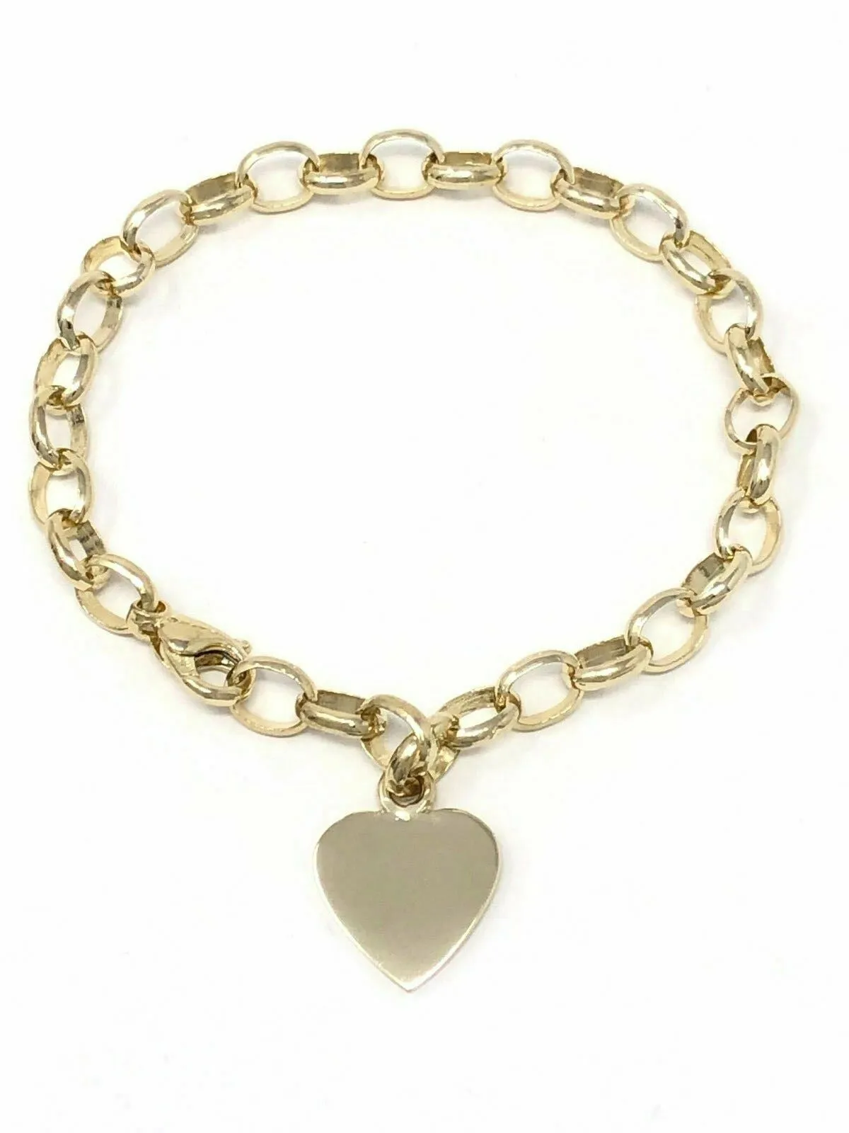 14k Yellow Gold Oval Link Heart Charm Bracelet 8.5" 19 grams