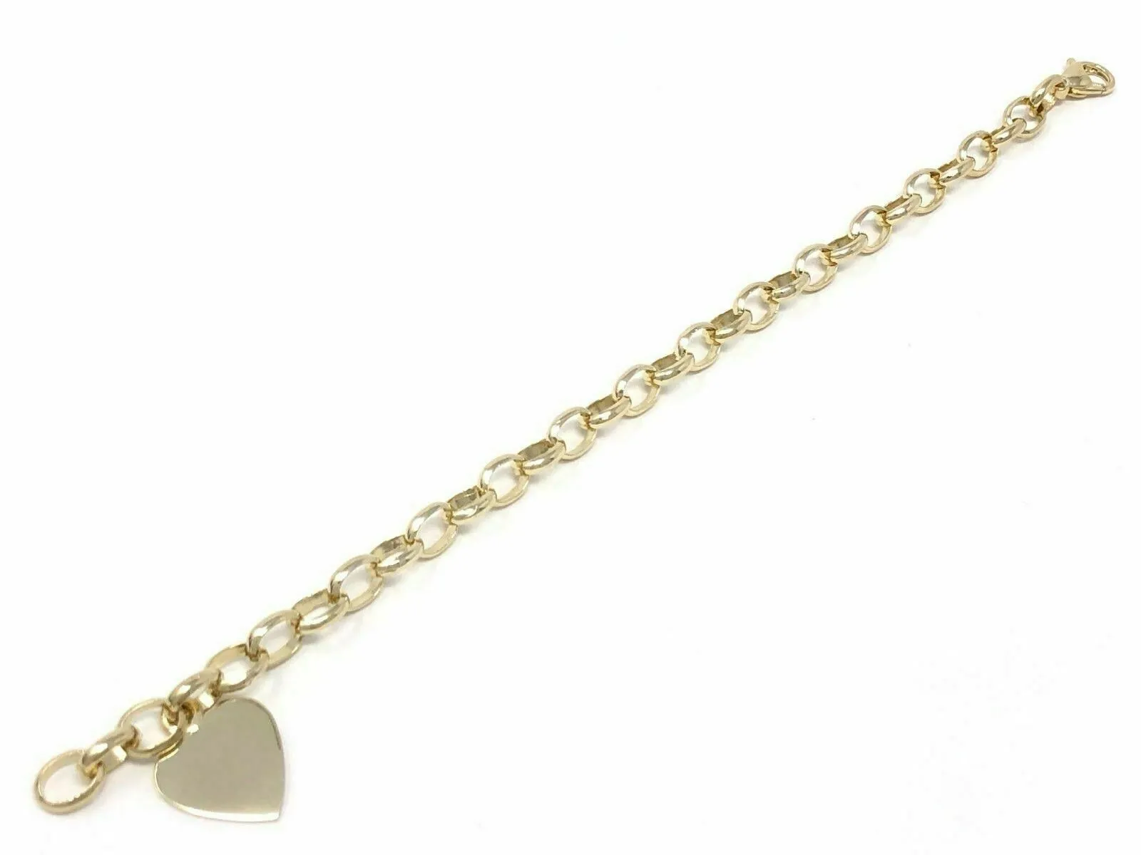 14k Yellow Gold Oval Link Heart Charm Bracelet 8.5" 19 grams